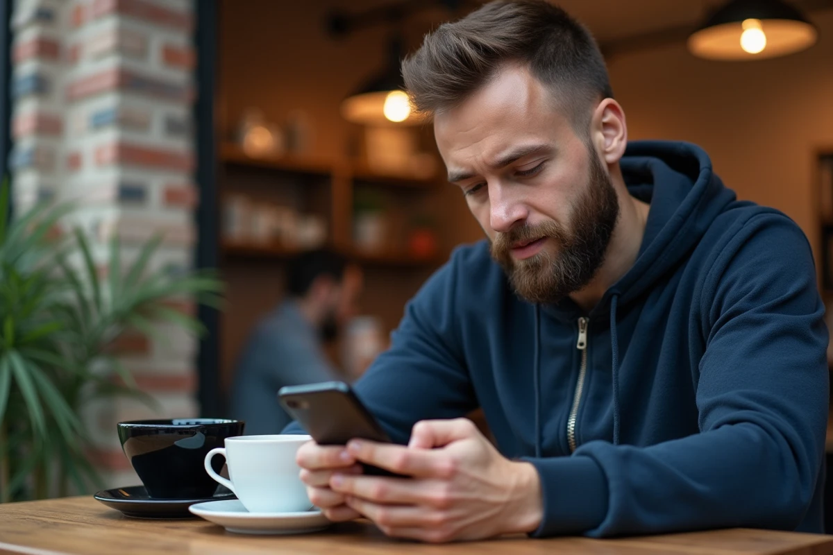 Jeune homme comparant deux iPhones dans un café branché, avec un iPhone 12 et un iPhone 13 sur la table