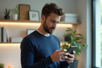 Homme tenant un smartphone Android haut de gamme pour comparer les modèles Xiaomi 14T et 14T Pro