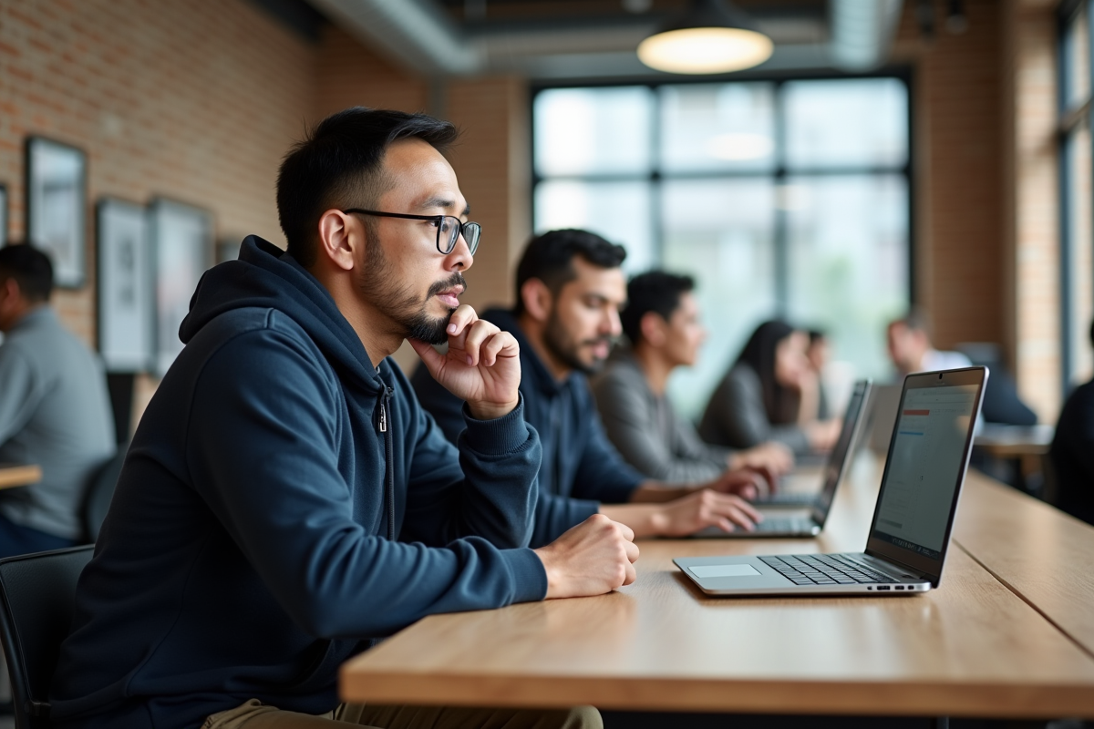 Homme en groupe de formation informatique dans un centre communautaire