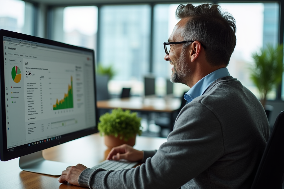 Homme souriant analysant un tableau de bord Shopify dans un espace de coworking