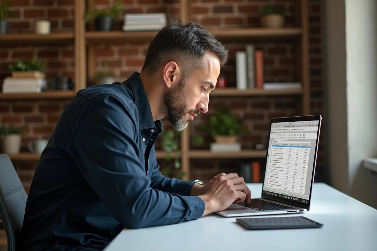 Homme en chemise marine travaillant debout sur un laptop avec Excel et le menu figer les volets ouvert