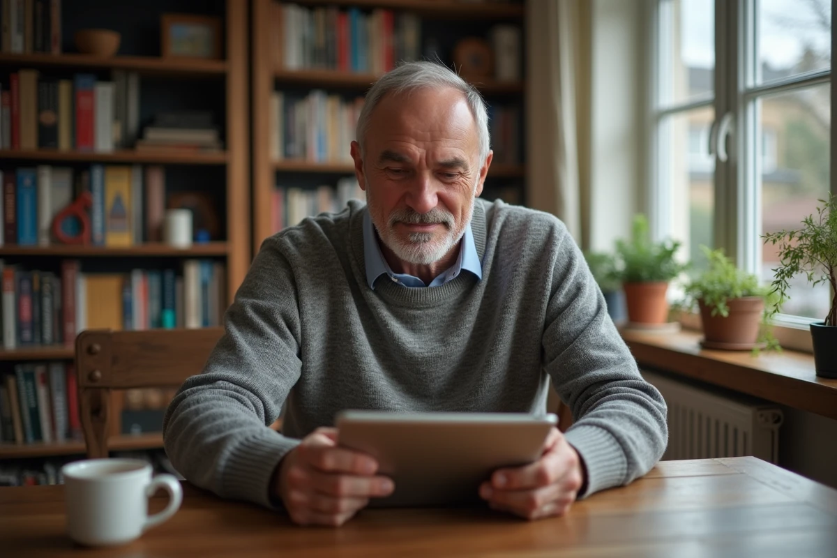 Homme d age moyen à la maison utilisant une tablette dans un cadre cosy