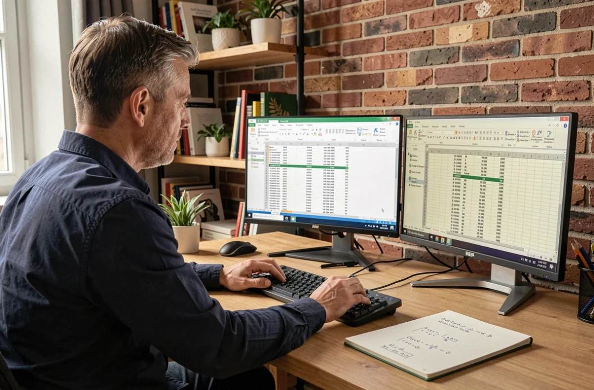 Homme comparant deux tableaux Excel sur double écran dans un bureau à domicile pour transposer des données