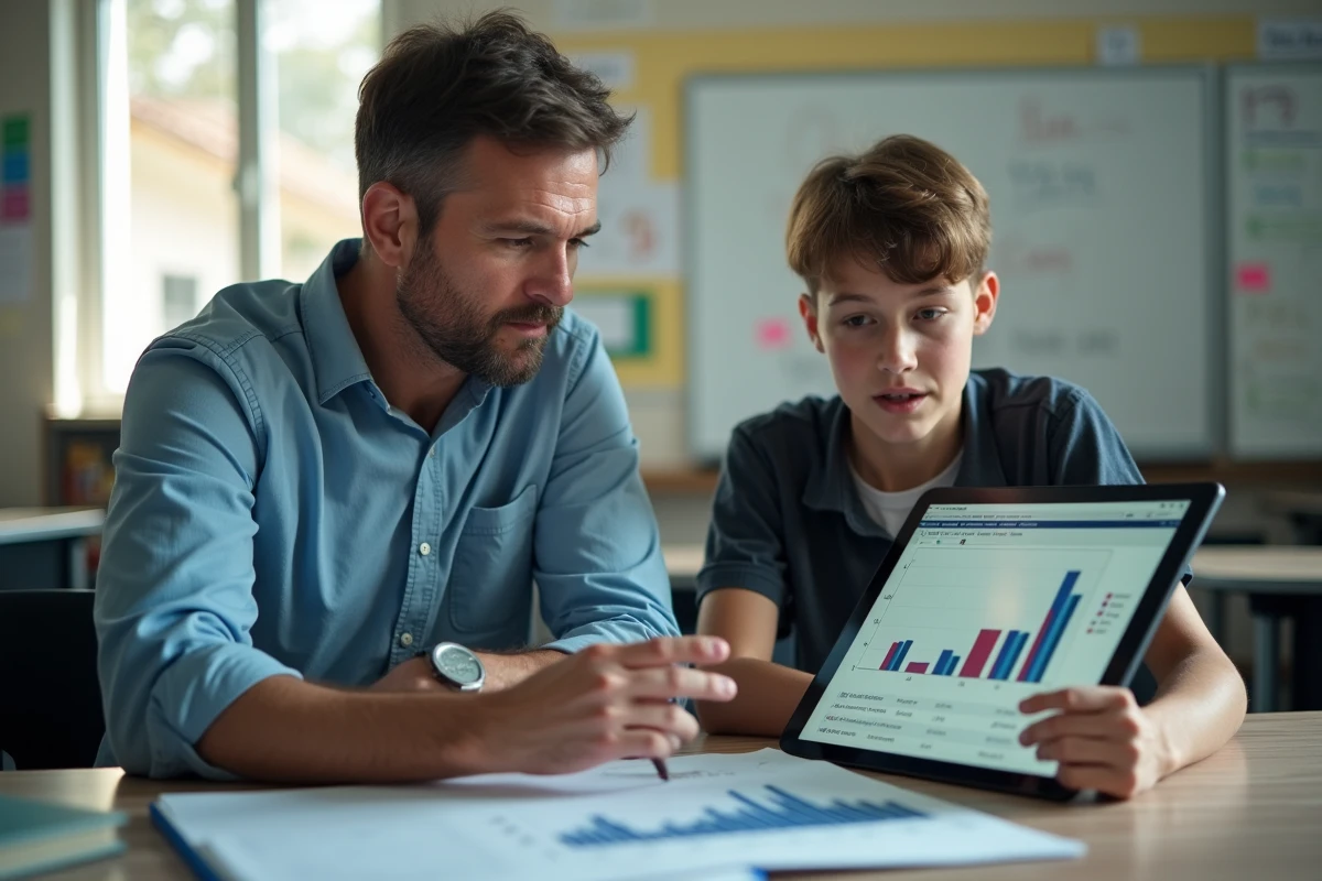 Homme expliquant une formule &agrave; un adolescent avec une tablette en classe