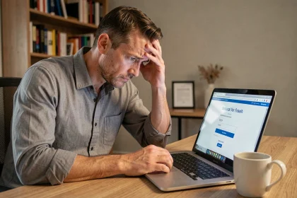 Homme frustré devant un écran d'ordinateur portable affichant une erreur de connexion webmail