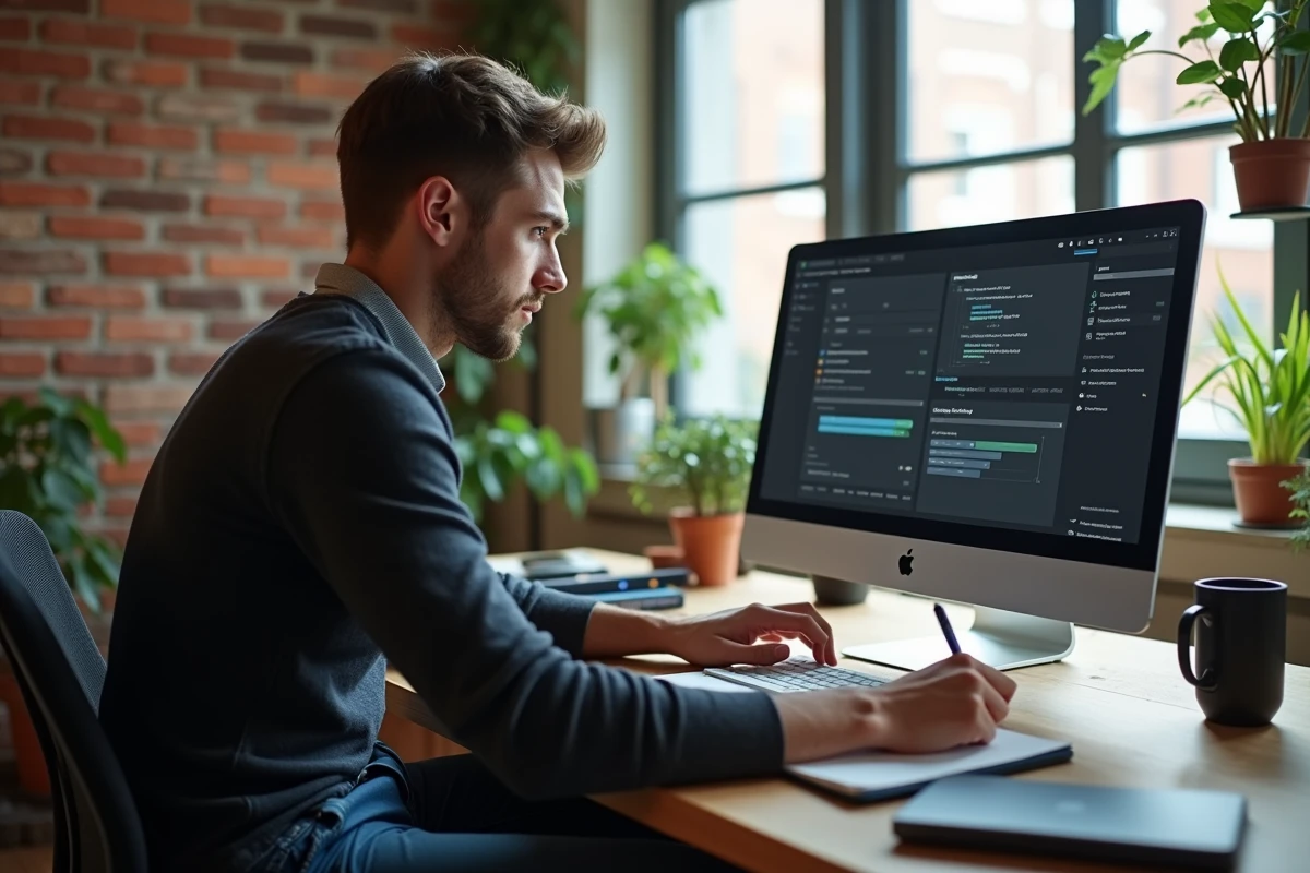 Jeune homme travaille dans espace cosy &agrave; la maison