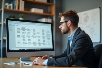 Homme d affaires étudie un diagramme de flux de données