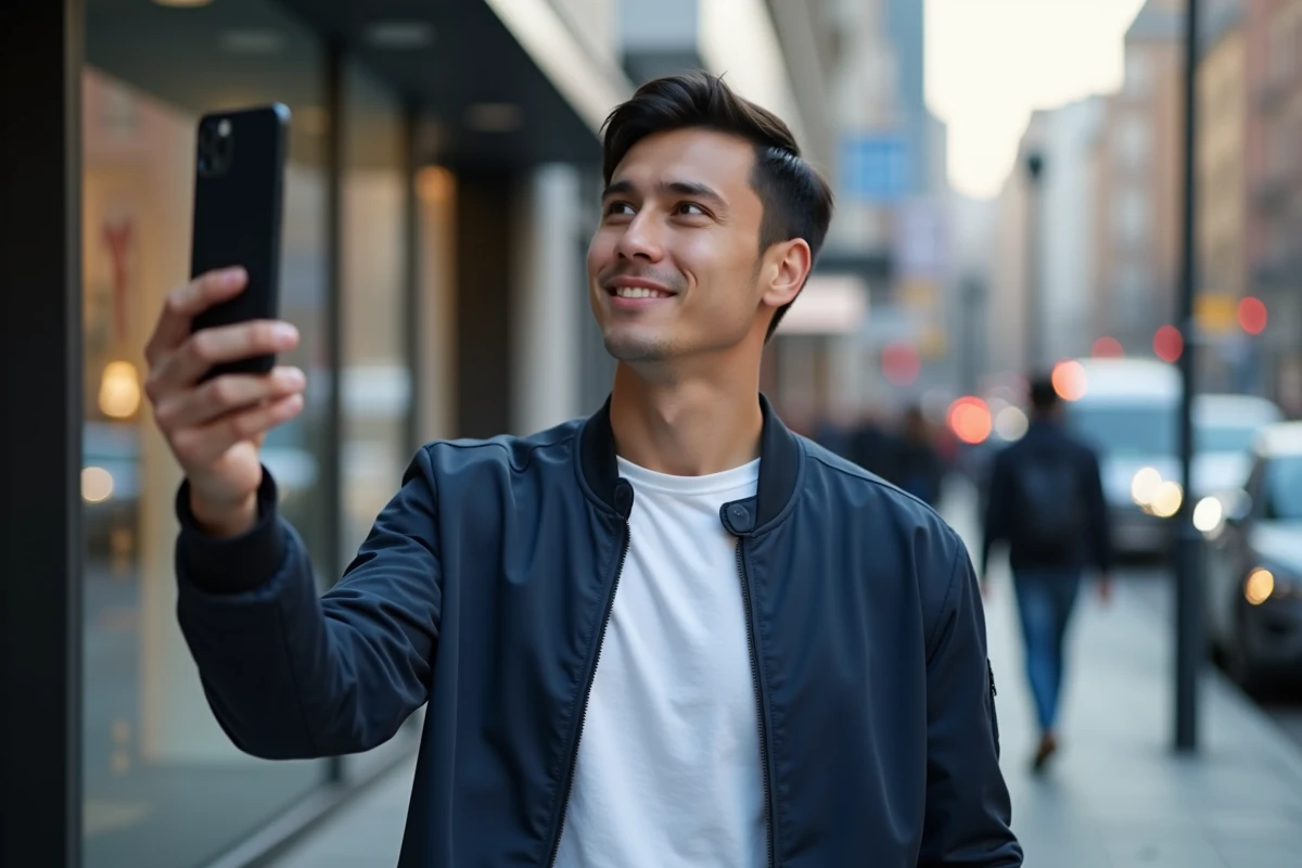 Homme consultant son iPhone 14 5G dans une rue animée de la ville