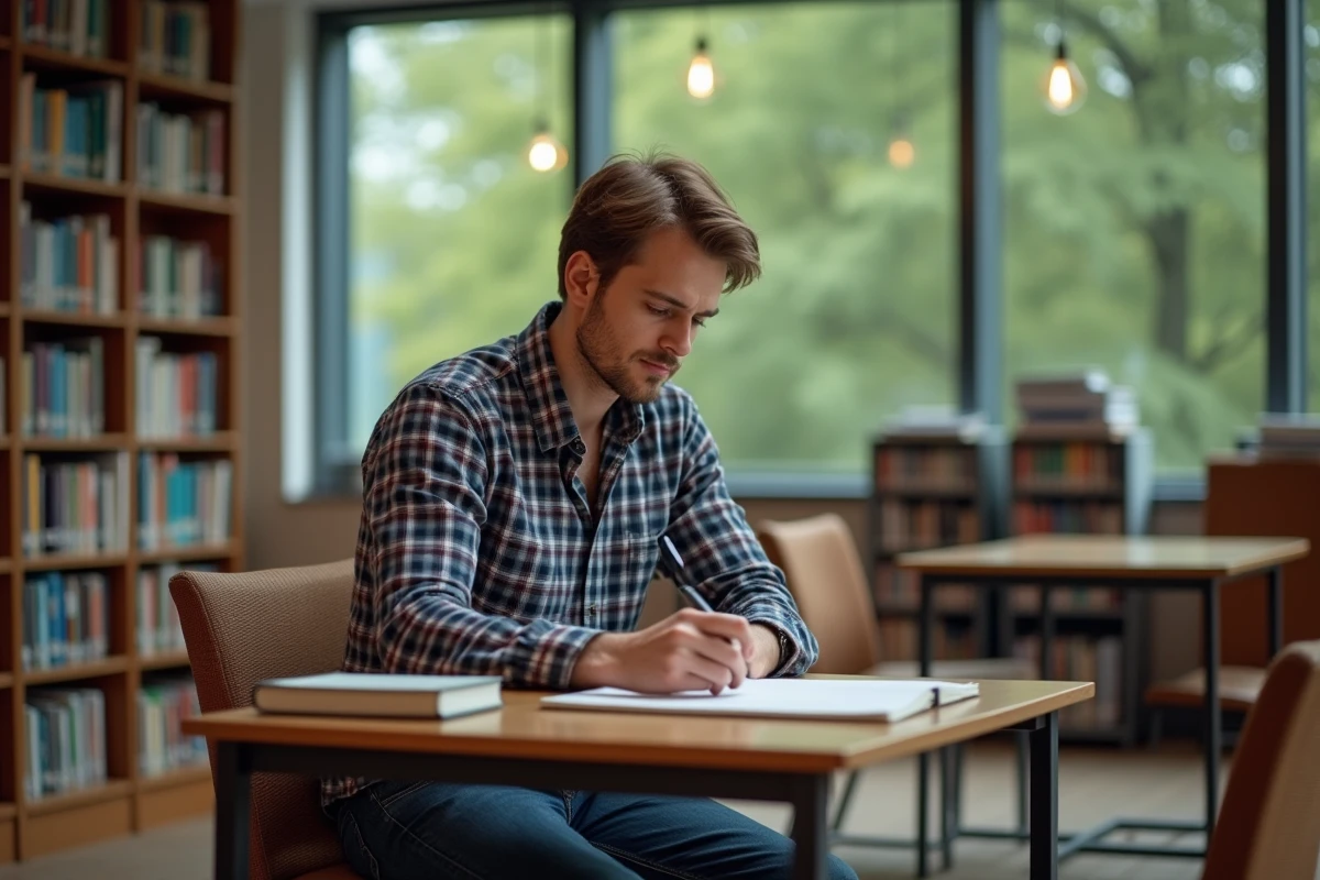 Homme lisant un livre de programmation Python à la bibliothèque