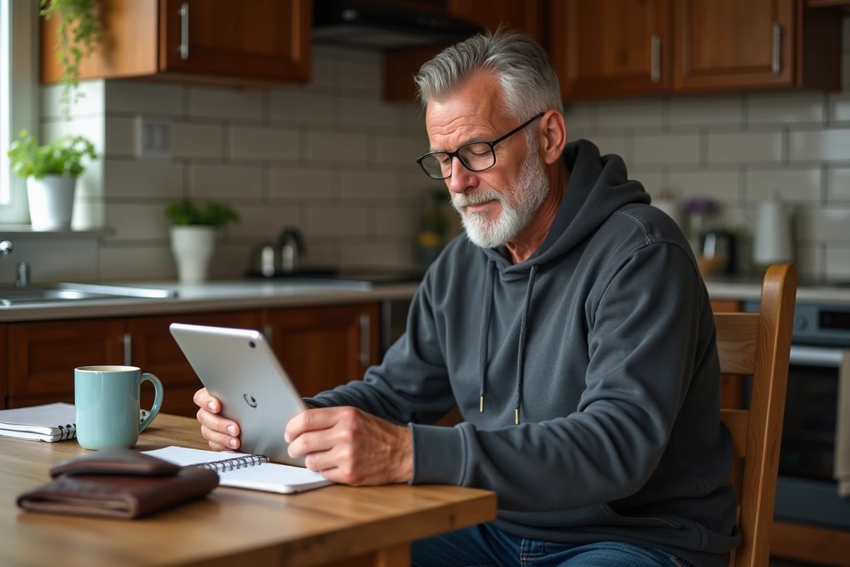 Homme à la maison sécurisant ses fichiers sur une tablette