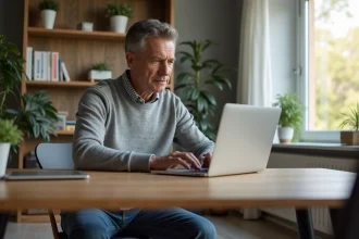 Homme d'âge moyen utilisant un ordinateur pour un test en ligne