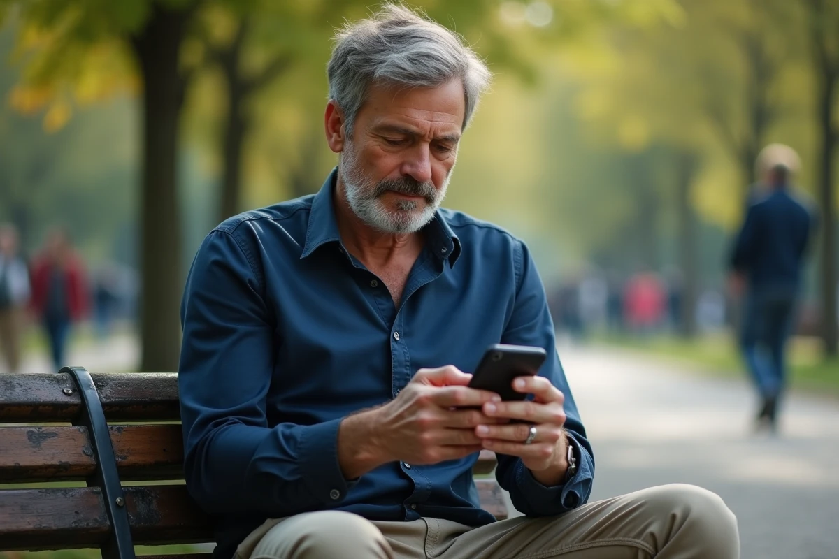 Homme assis dans un parc consulte Messenger sur son smartphone