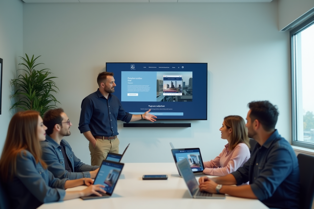 Homme en r&eacute;union montrant la responsivite du site avec ecrans et tablettes
