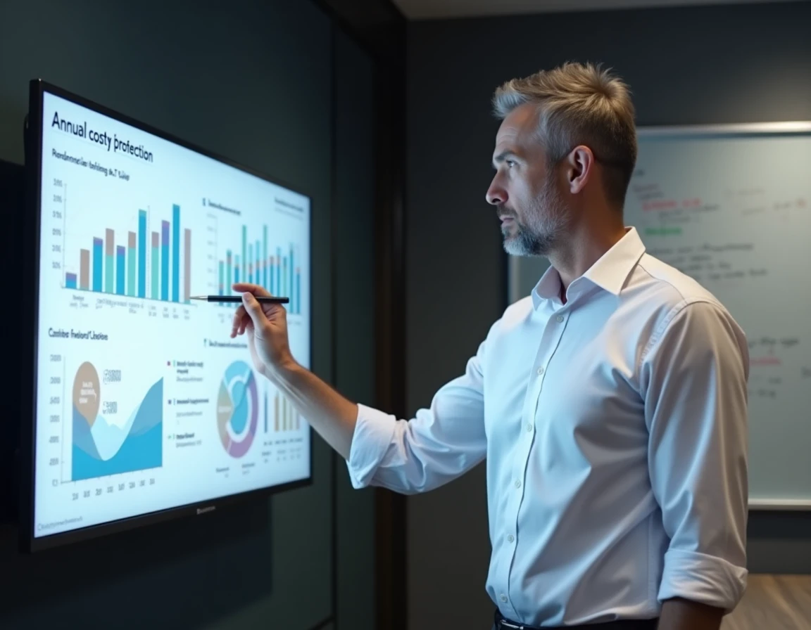 Homme d'affaires présentant un tableau de projection des coûts annuels de ChatGPT 5 pour 2026 en salle de réunion
