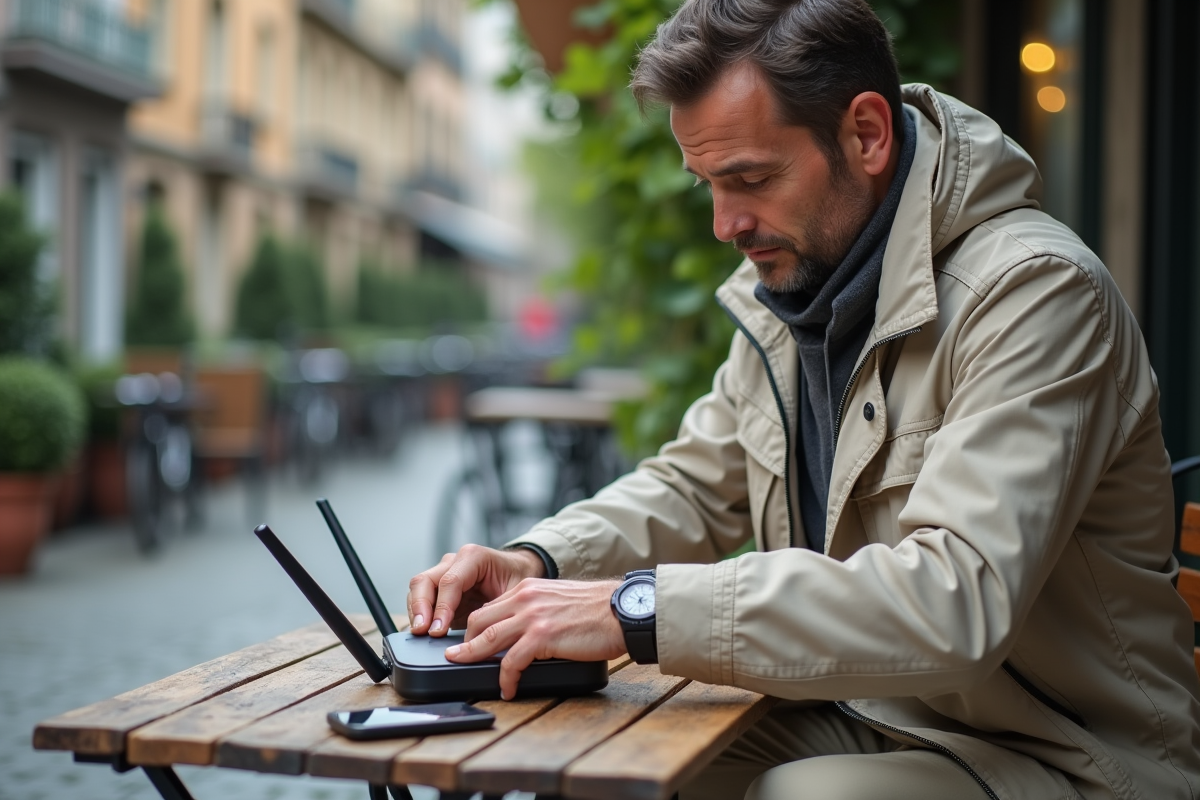 Homme installant un routeur wifi en extérieur sur une table de café