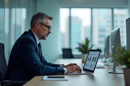 Homme d'âge moyen en costume navy étudie des diagrammes de sécurité