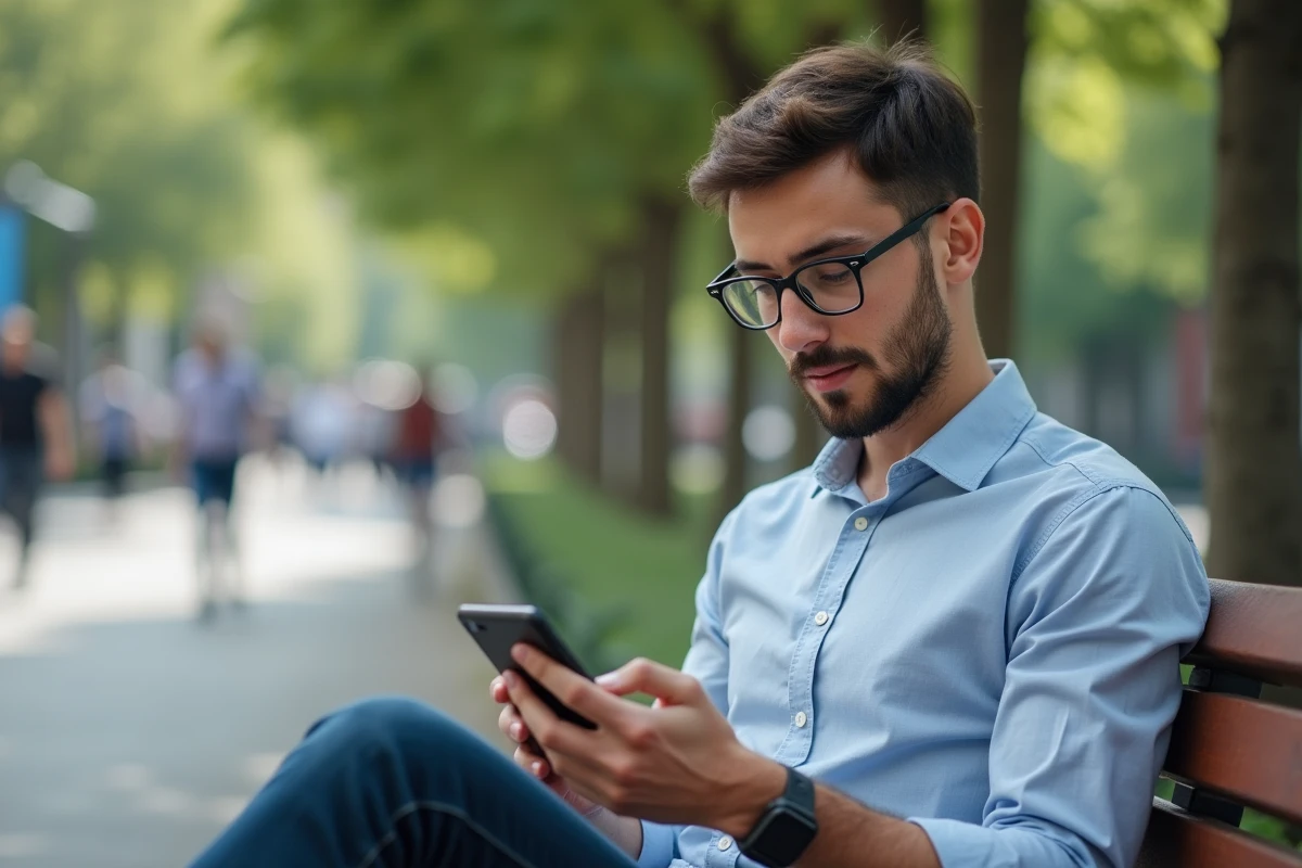 Jeune homme dans un parc urbain utilise son smartphone