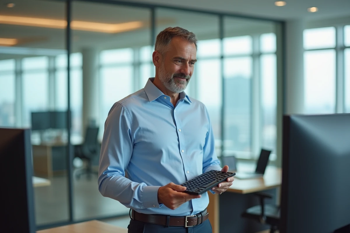 Homme d affaires montrant une astuce clavier au bureau