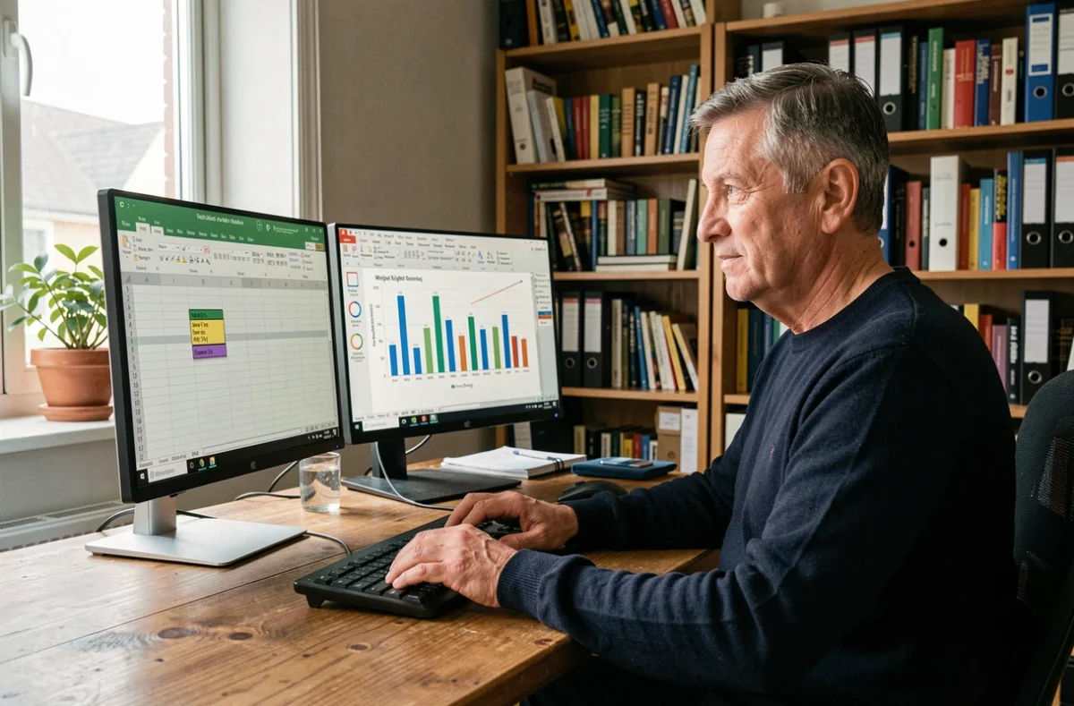 Homme travaillant sur des tableaux croisés dynamiques Excel avec graphiques de données pondérées dans un bureau à domicile