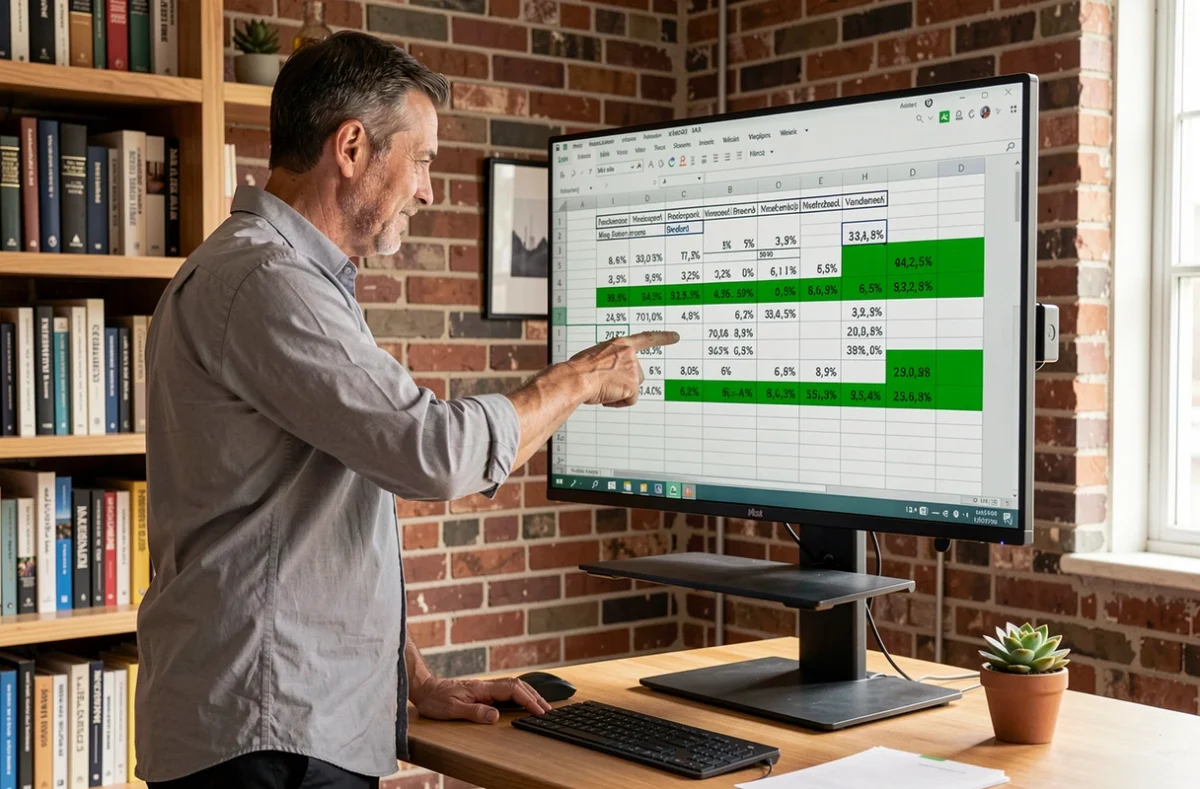 Homme en télétravail consultant des formules de calcul de pourcentage Excel sur grand écran dans un bureau à domicile