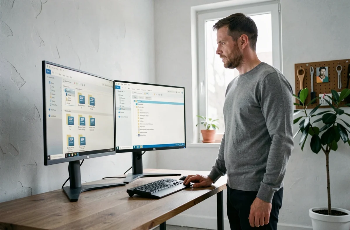 Homme en télétravail organisant des fichiers ZIP sur un double écran dans un bureau à domicile moderne