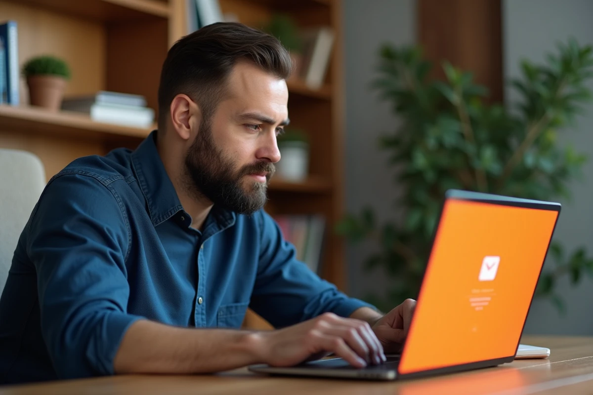 Homme en télétravail se connectant au portail Orange pour consulter ses emails sur un ordinateur portable