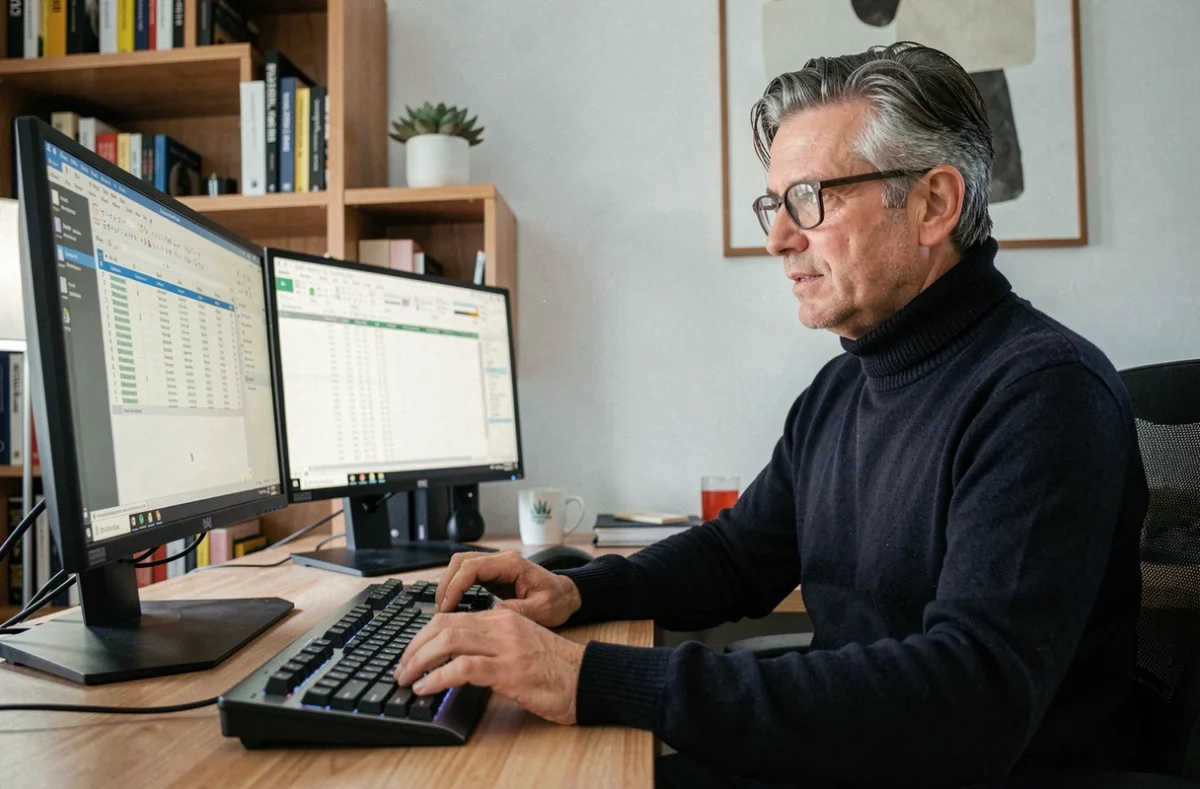 Homme en télétravail utilisant des raccourcis clavier sur un clavier AZERTY dans un bureau à domicile