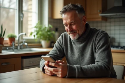 Homme d'&acirc;ge moyen en pull en laine et jeans qui texte dans la cuisine