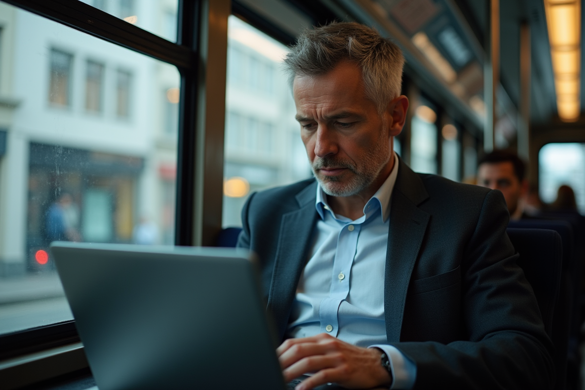 Homme en costume vérifiant son ordinateur dans un tram