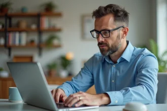 Homme concentré travaillant sur un ultrathin dans un bureau moderne