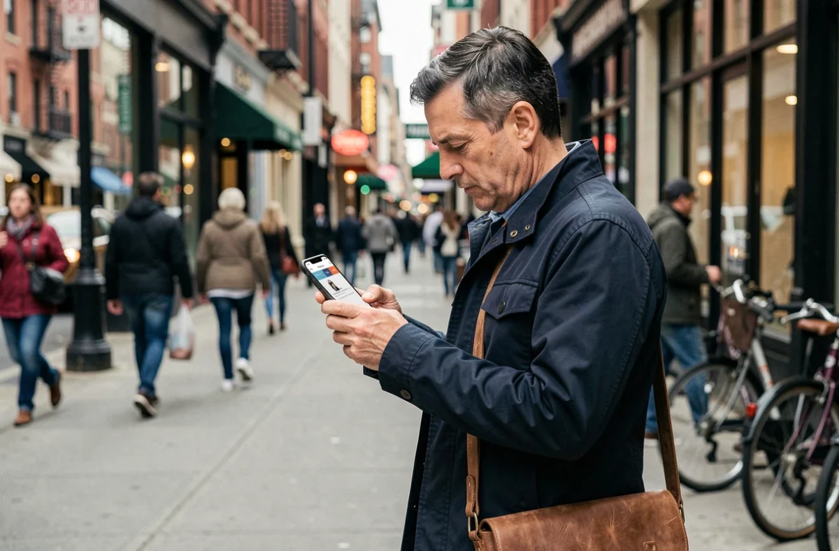 Homme vérifiant ses emails Free sur son smartphone dans la rue en ville