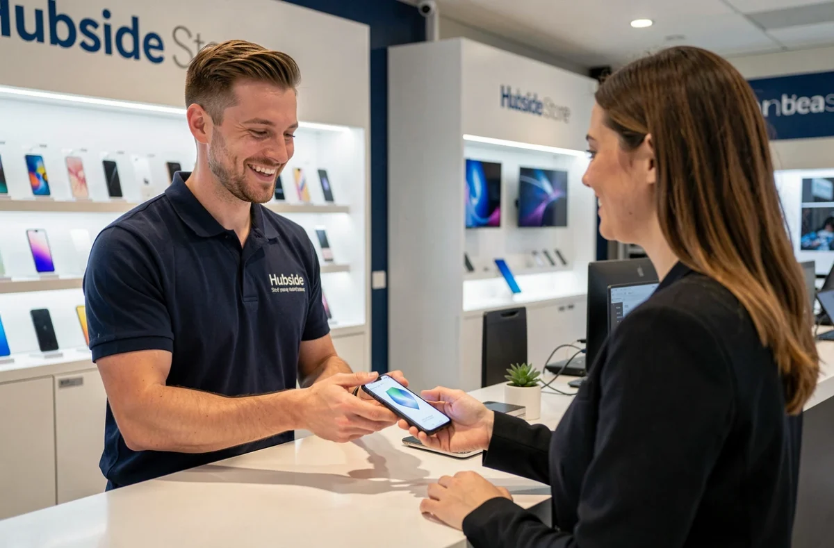 Conseiller Hubside.Store Angers remettant un smartphone réparé à une cliente satisfaite au comptoir d'un espace de vente et réparation high-tech