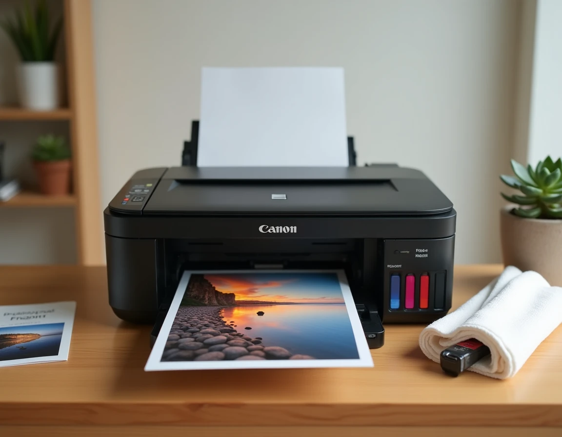 Photo imprimée sortant d'une imprimante Canon avec cartouches d'encre et emballage posés sur une table en bois
