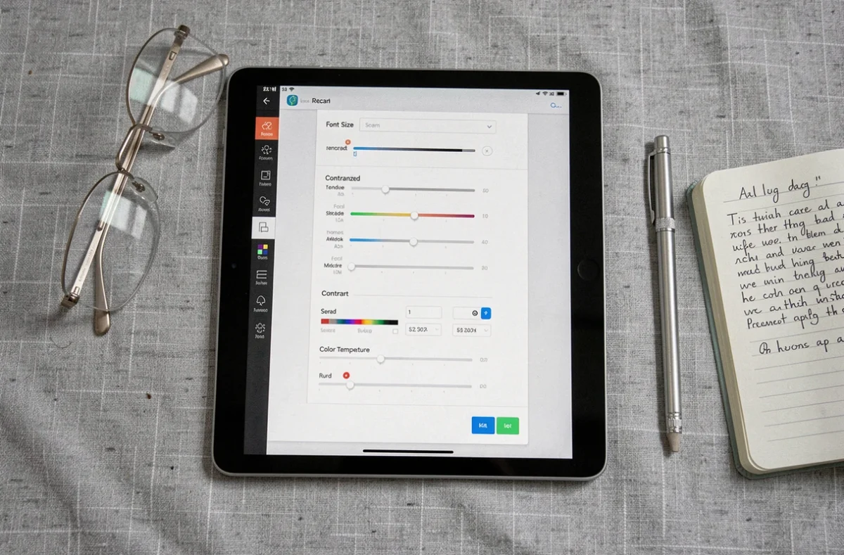 Vue aérienne d'une tablette affichant les réglages de lecture d'un logiciel de scan avec lunettes et notes manuscrites