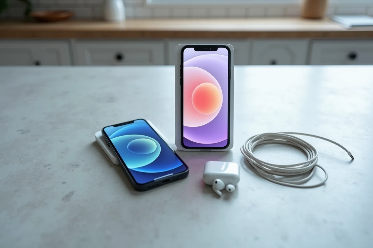 Vue aérienne d'un iPhone 12 et d'un iPhone 13 posés côte à côte sur un plan de travail en béton avec accessoires Apple