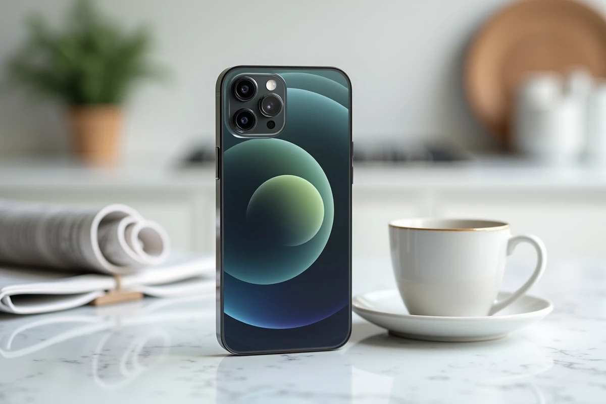 iPhone 14 noir posé sur un marbre blanc avec une tasse de café, vue de dessus