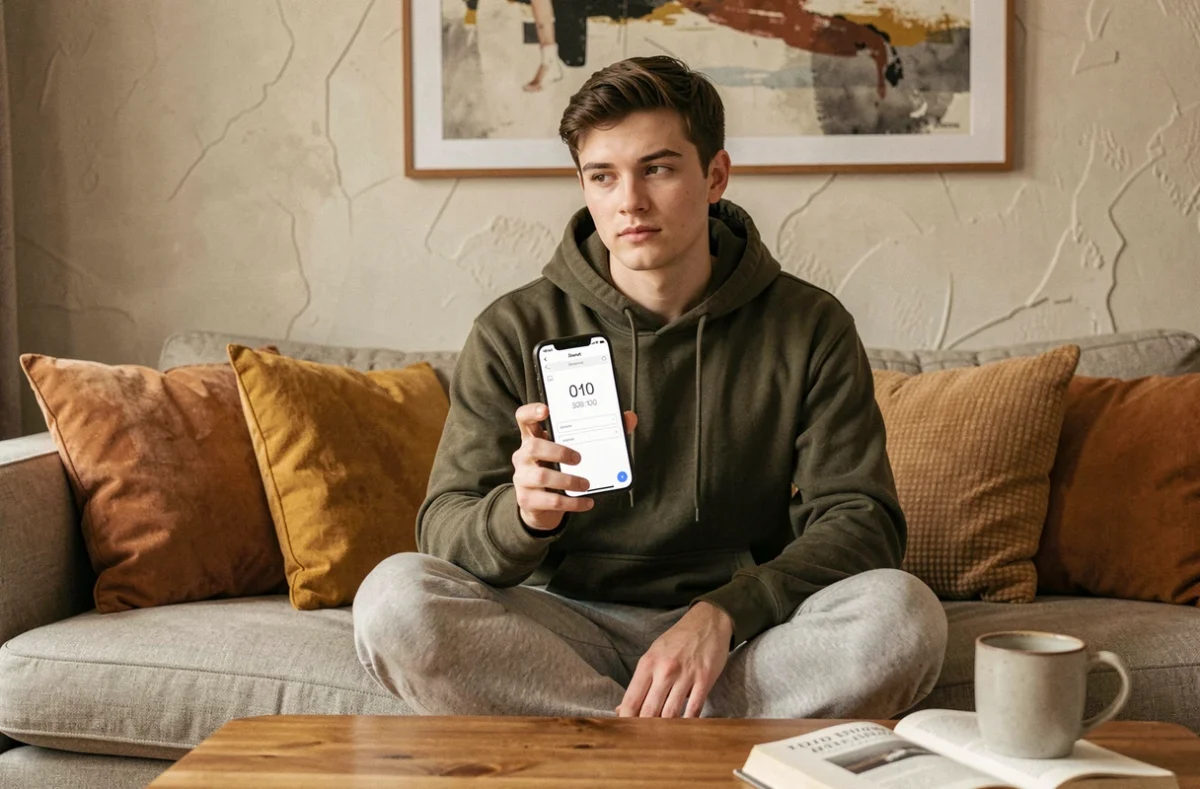 Jeune personne sur un canapé consultant un compteur de caractères sécurisé sur smartphone dans un appartement cosy