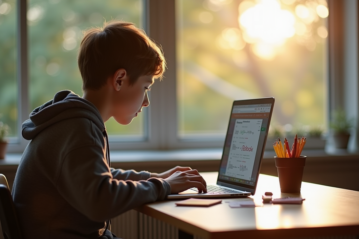 Jeune étudiant concentré sur son ordinateur dans une pièce lumineuse