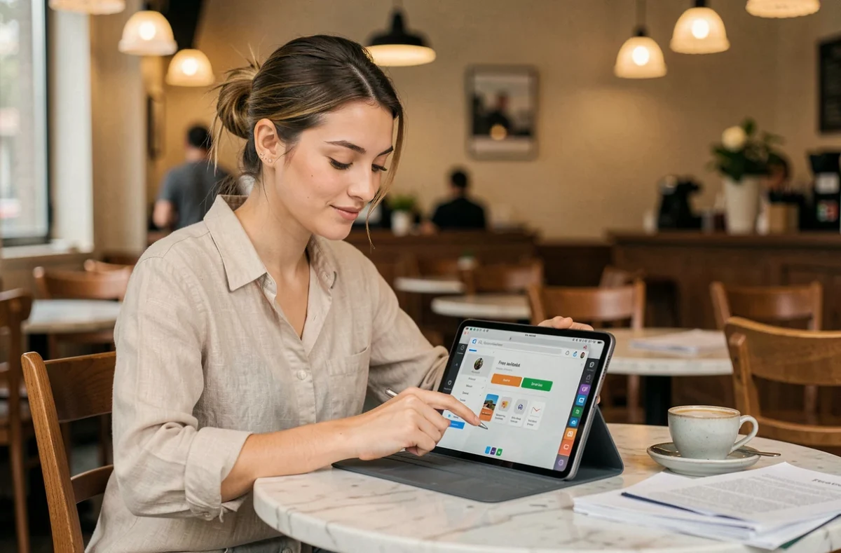 Jeune femme lisant ses emails Free sur une tablette dans un café