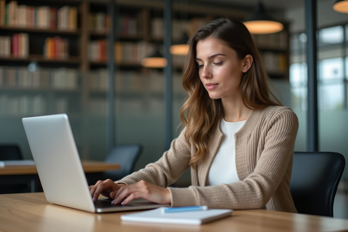 Jeune femme étudiante à la bibliothèque universitaire