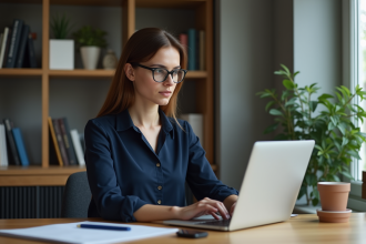 Jeune femme professionnelle travaillant sur son ordinateur à domicile