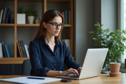 Jeune femme professionnelle travaillant sur son ordinateur à domicile