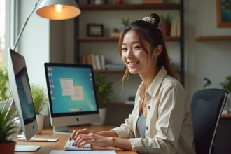 Jeune femme en bureau moderne déplaçant un raccourci sur son écran