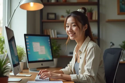 Jeune femme en bureau moderne déplaçant un raccourci sur son écran