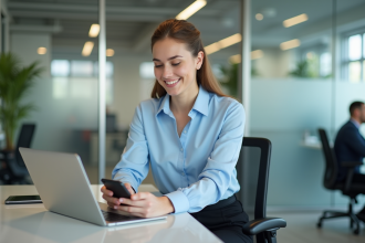 Jeune femme au bureau souriante et concentrée sur son ordinateur