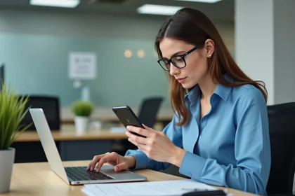 Jeune femme professionnelle au bureau utilisant ordinateur et smartphone