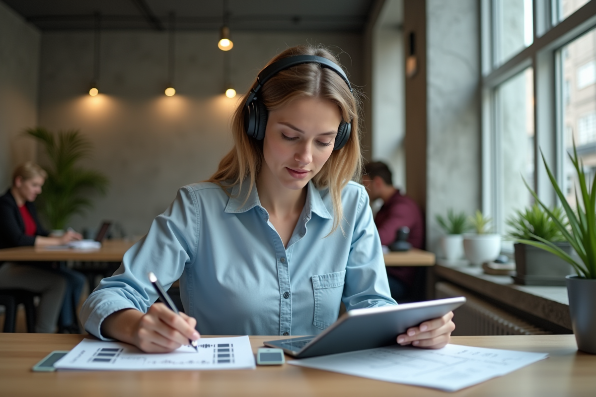 Jeune femme écoutant et prenant des notes dans un espace de coworking