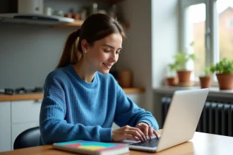 Jeune femme travaillant sur un laptop dans une cuisine moderne