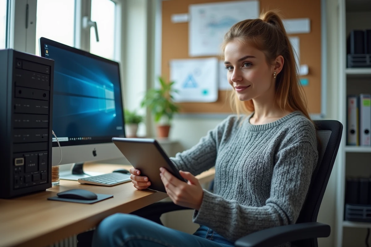 Jeune femme IT documentant DNS sur tablette