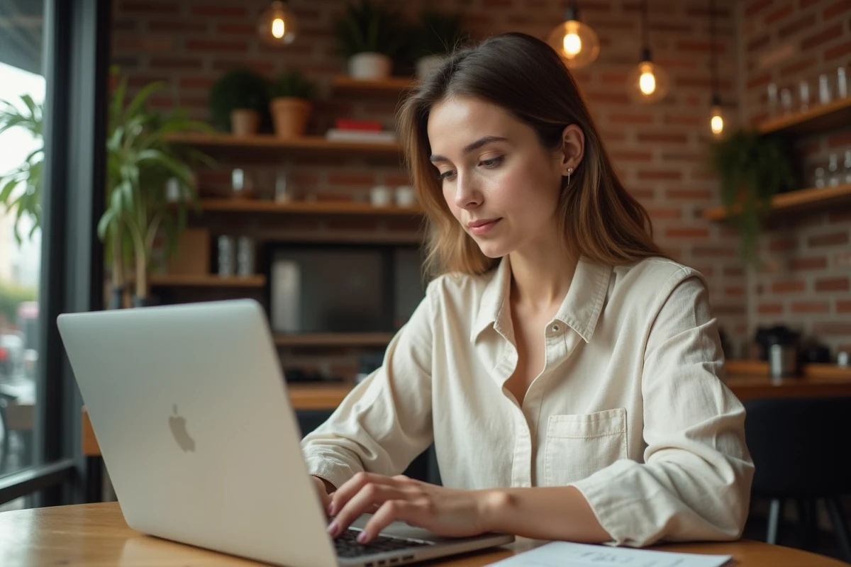 Jeune femme utilisant un raccourci clavier sur MacBook dans un café pour insérer le caractère È majuscule avec accent grave